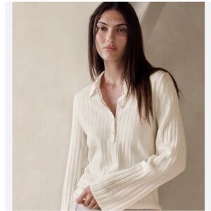 100% Merino Wool Polo Sweater Button Up Cream Long Sleeve Banana Republic XS